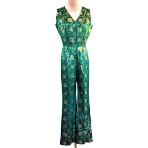 Unbranded VTG Jacquard Jumpsuit Teal Metallic Gold Asian Floral Fully Lined XS S